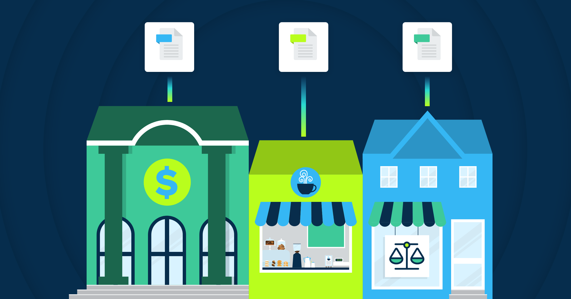Stylized buildings representing a bank, cafe, and law firm, each with a document icon above, symbolizing different types of online business backup solutions.