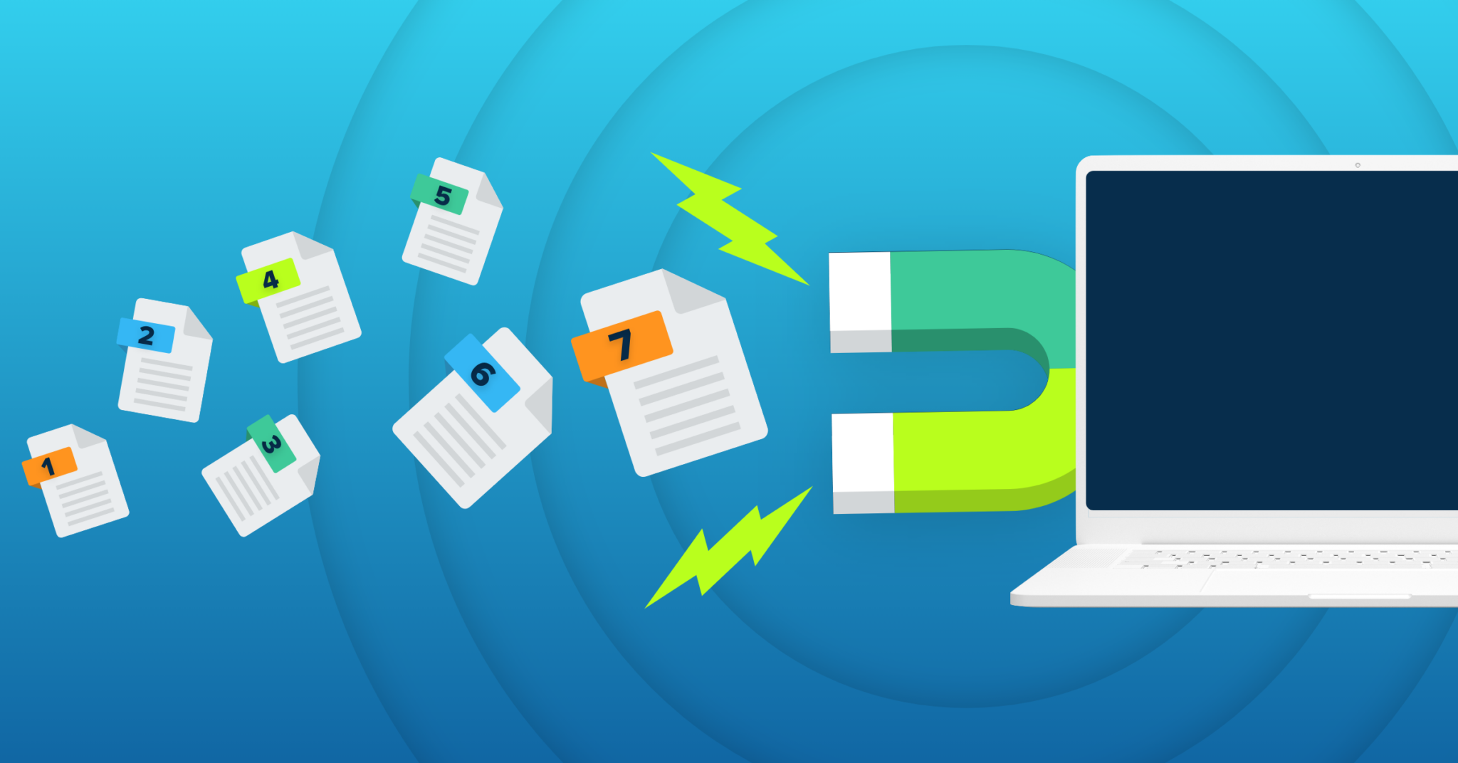 The image shows a laptop with documents numbered 1 to 7 and lightning bolts, suggesting steps in a data retention policy for a business.