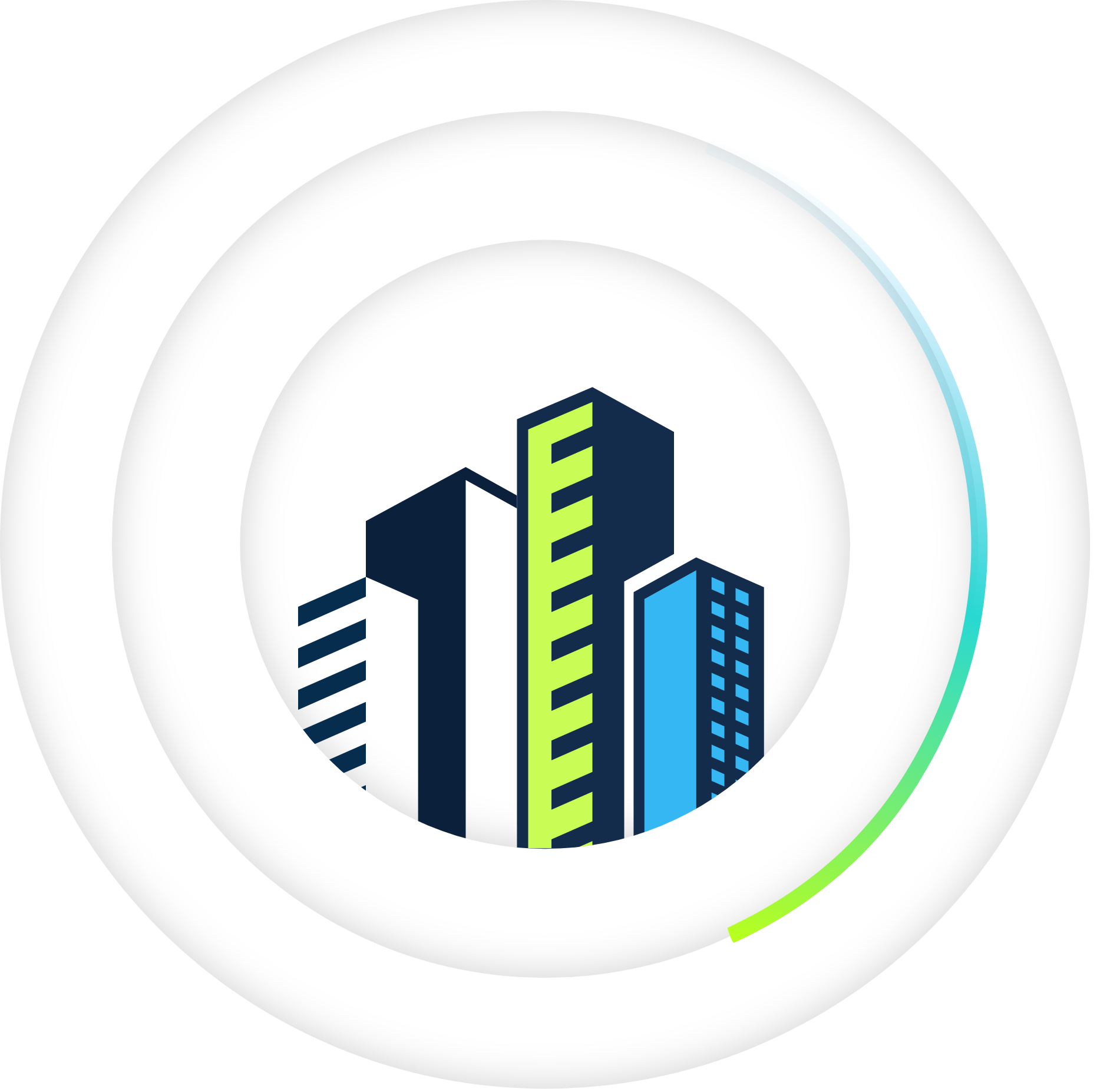 Illustration of modern buildings within concentric circular layers